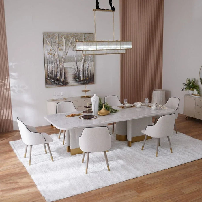 AlLayal 1+10 Marble Dining Set-White/Brushed Gold/Beige