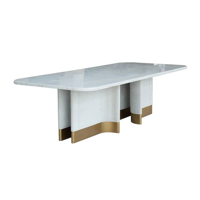 AlLayal 1+10 Marble Dining Set-White/Brushed Gold/Beige