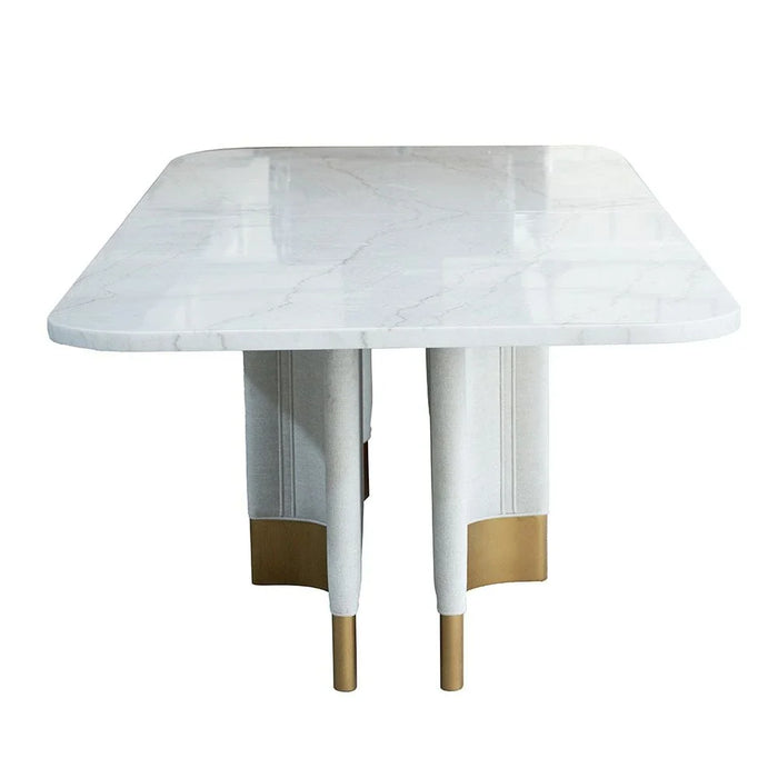 AlLayal 1+10 Marble Dining Set-White/Brushed Gold/Beige