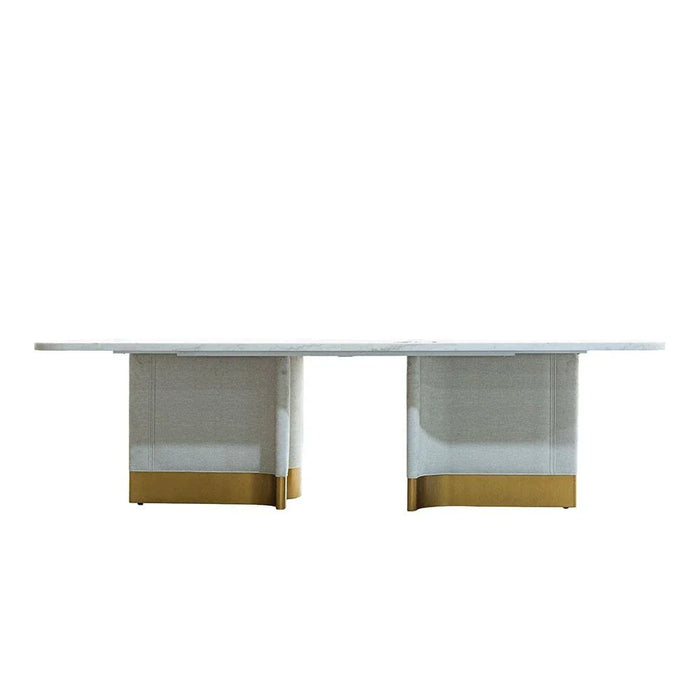 AlLayal 1+10 Marble Dining Set-White/Brushed Gold/Beige