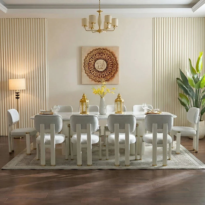 Qasr 1+10-Seater Marble Top Dining Set - White Grey/Pearl White - With 2-Year Warranty