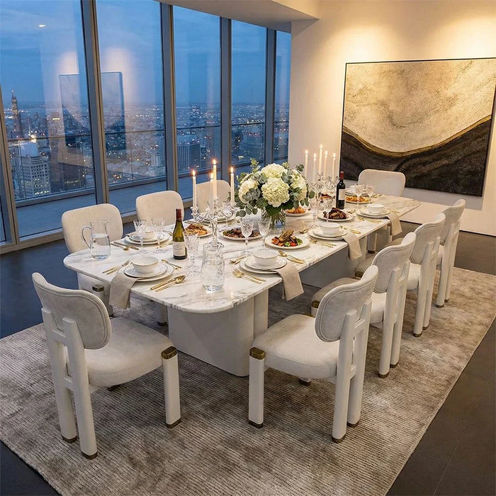 Qasr 1+10-Seater Marble Top Dining Set - White Grey/Pearl White - With 2-Year Warranty