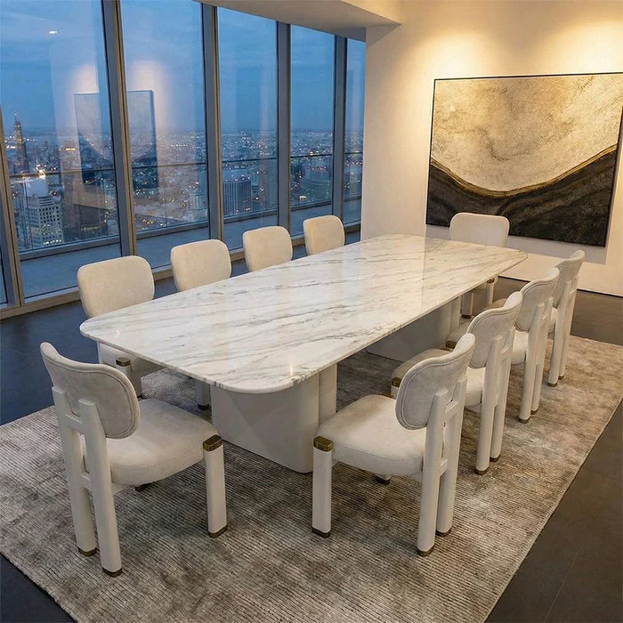 Qasr 1+10-Seater Marble Top Dining Set - White Grey/Pearl White - With 2-Year Warranty