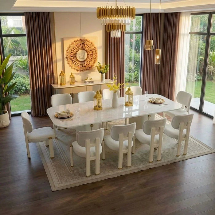 Qasr 1+10-Seater Marble Top Dining Set - White Grey/Pearl White - With 2-Year Warranty