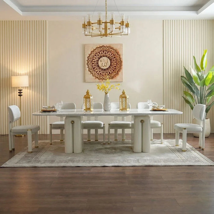 Qasr 1+10-Seater Marble Top Dining Set - White Grey/Pearl White - With 2-Year Warranty