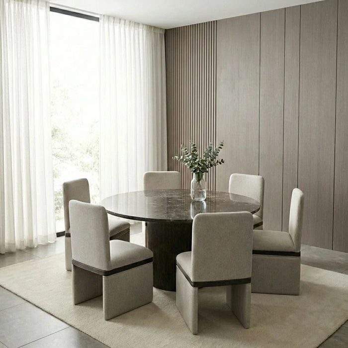 Oboro 1+6 Seater Round Marble Top Dining Set - Brown Pattern/D.Walnut