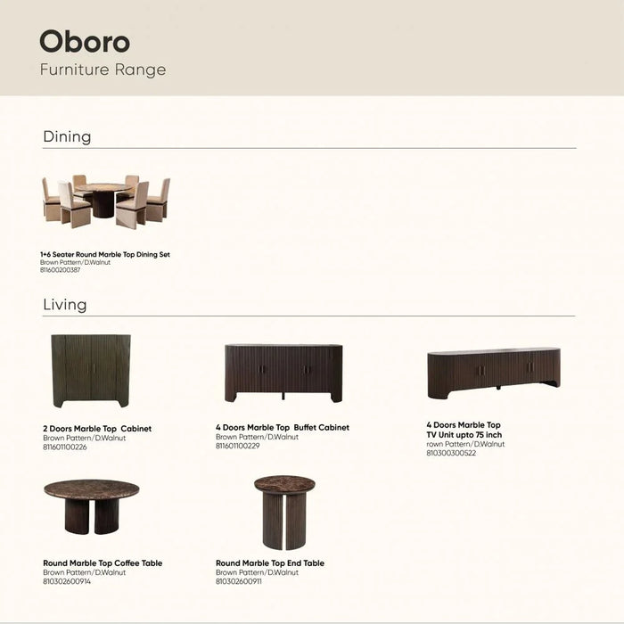 Oboro 1+6 Seater Round Marble Top Dining Set - Brown Pattern/D.Walnut