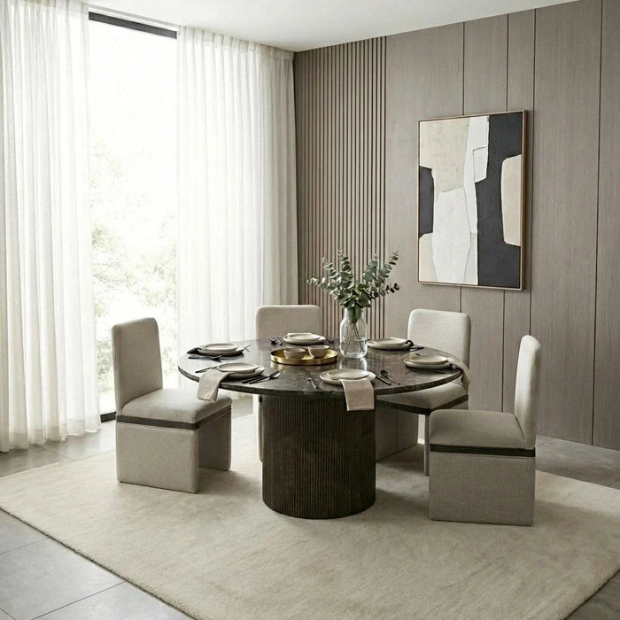 Oboro 1+6 Seater Round Marble Top Dining Set - Brown Pattern/D.Walnut