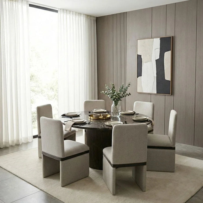 Oboro 1+6 Seater Round Marble Top Dining Set - Brown Pattern/D.Walnut