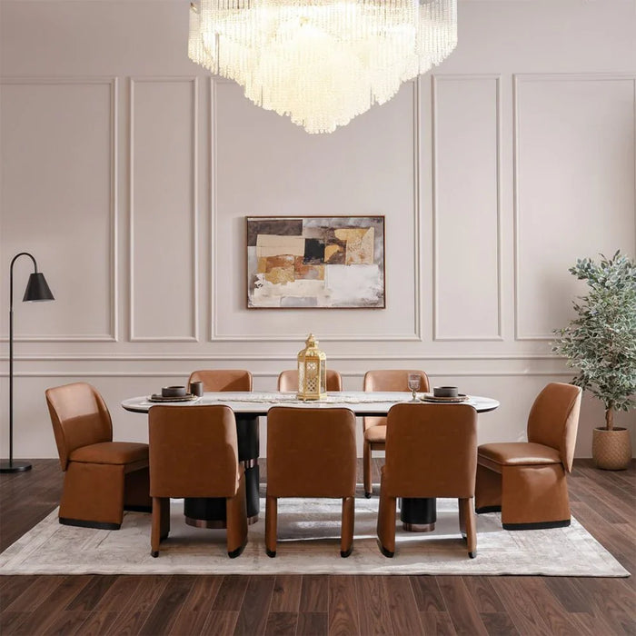 Tokishi 1+8-Seater Sintered Stone Top Dining Set - White/Brown - With 2-Year Warranty