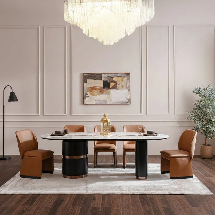 Tokishi 1+8-Seater Sintered Stone Top Dining Set - White/Brown - With 2-Year Warranty