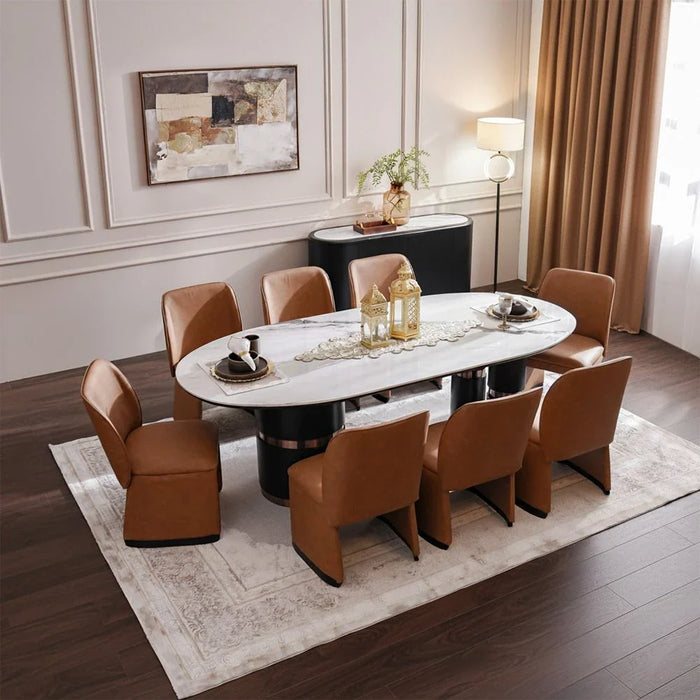 Tokishi 1+8-Seater Sintered Stone Top Dining Set - White/Brown - With 2-Year Warranty