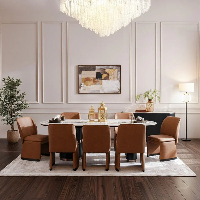 Tokishi 1+8-Seater Sintered Stone Top Dining Set - White/Brown - With 2-Year Warranty