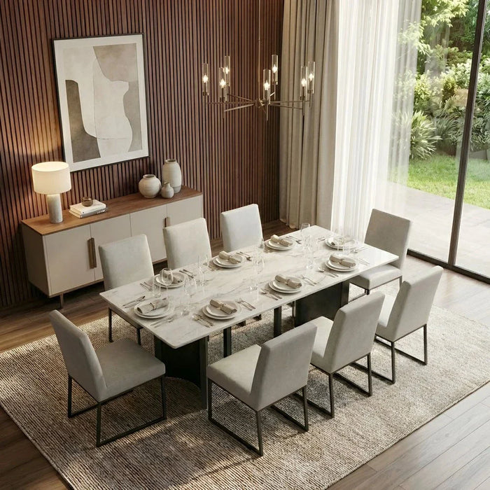 Stanford 1+8-Seater Sintered Stone Top Dining Set - Grey/Dark Walnut - With 2-Year Warranty