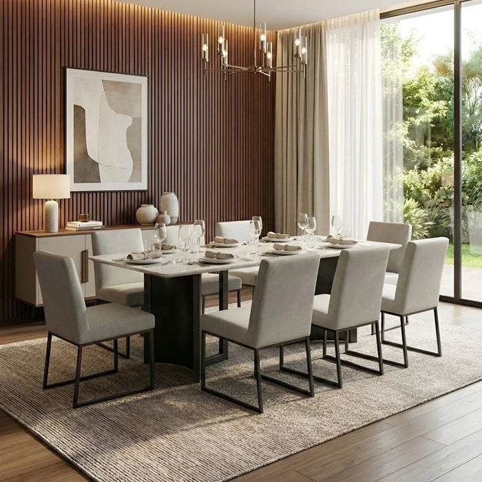 Stanford 1+8-Seater Sintered Stone Top Dining Set - Grey/Dark Walnut - With 2-Year Warranty