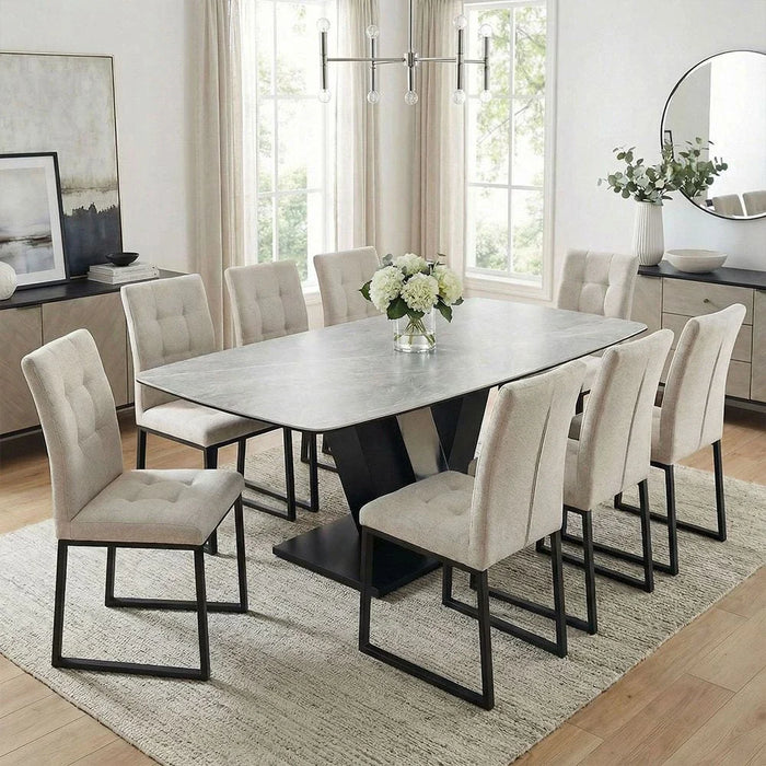 Midland 8 Seater Stone Top Dining Table-High Gloss Grey/Black