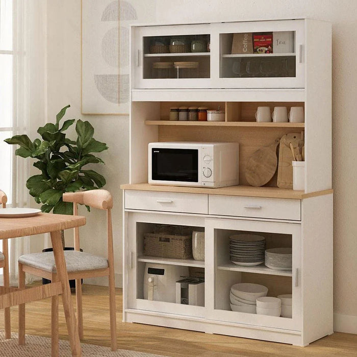Maeda Kitchen Cabinet with 4 Sliding Doors & 2 Drawers - White/Oak - With 2-Year Warranty