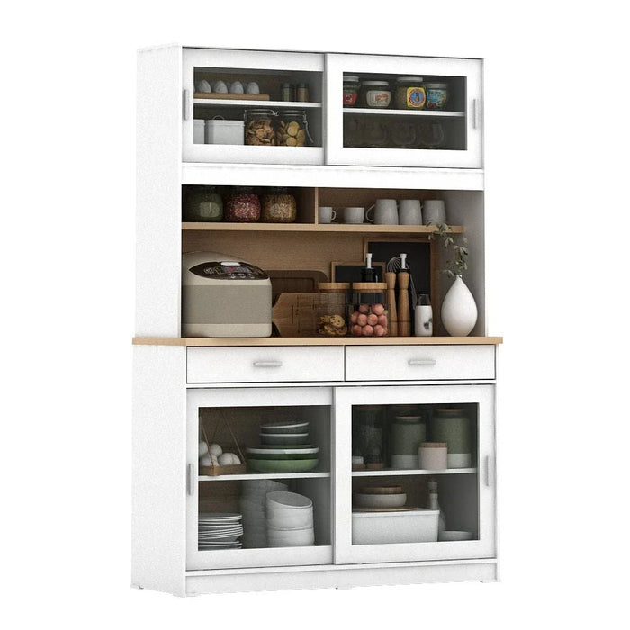 Maeda Kitchen Cabinet with 4 Sliding Doors & 2 Drawers - White/Oak - With 2-Year Warranty