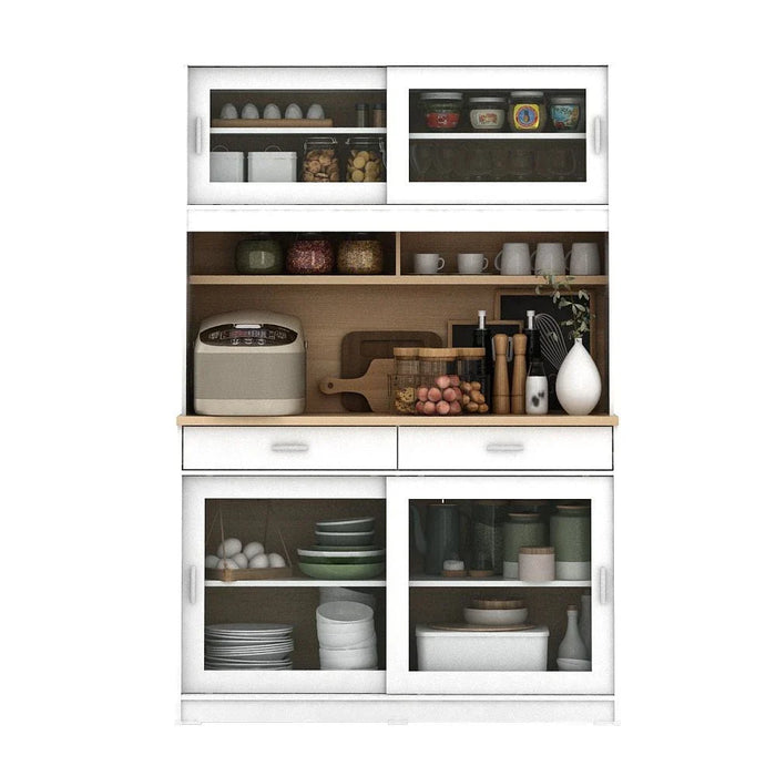 Maeda Kitchen Cabinet with 4 Sliding Doors & 2 Drawers - White/Oak - With 2-Year Warranty