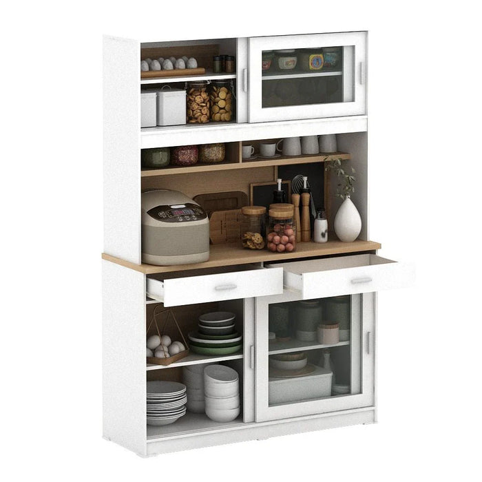 Maeda Kitchen Cabinet with 4 Sliding Doors & 2 Drawers - White/Oak - With 2-Year Warranty