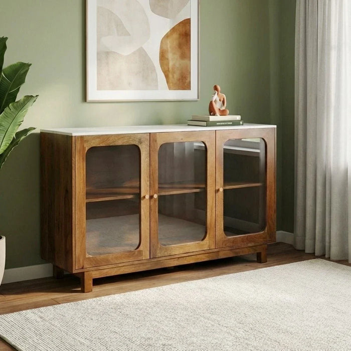 Camelle 3 Door Marble Top Buffet Cabinet - White/Brown - With 2-Year Warranty