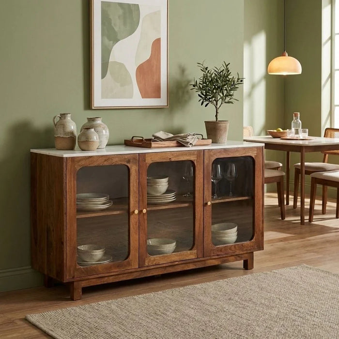 Camelle 3 Door Marble Top Buffet Cabinet - White/Brown - With 2-Year Warranty