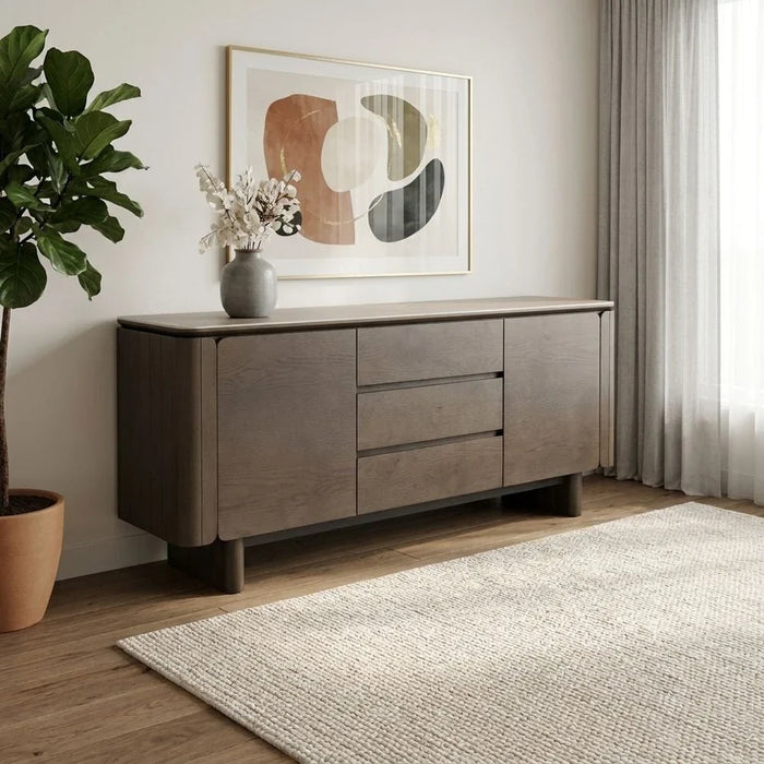 Brookside Stone Top Sideboard with 2 Doors and 3 Drawers - Beige/Oak Veneer - With 2-Year Warranty