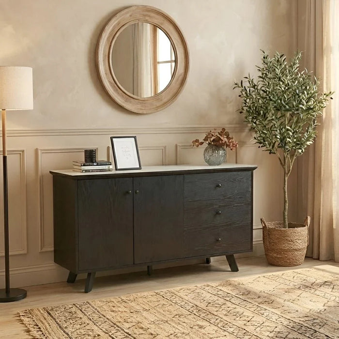 Everson Stone Top Sideboard with 2 Doors and 3 Drawers - Matt Beige/Black - With 2-Year Warranty