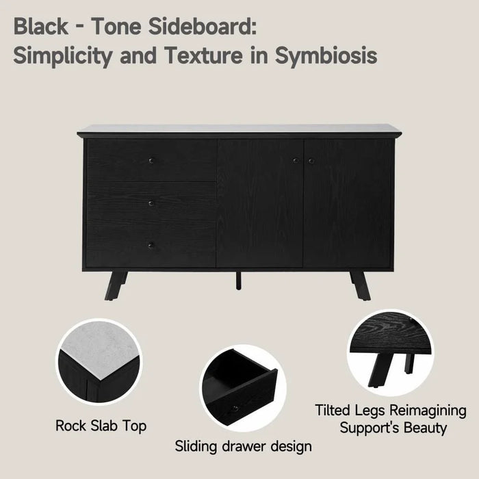 Everson Stone Top Sideboard with 2 Doors and 3 Drawers - Matt Beige/Black - With 2-Year Warranty