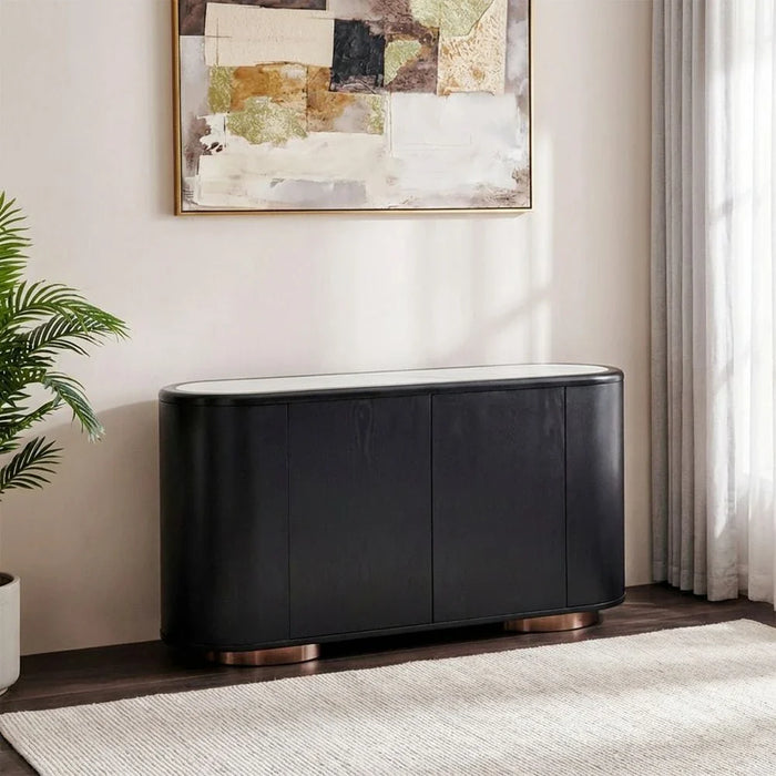 Tokishi Sintered Stone Top Sideboard With 4 Doors-White/Black Veneer