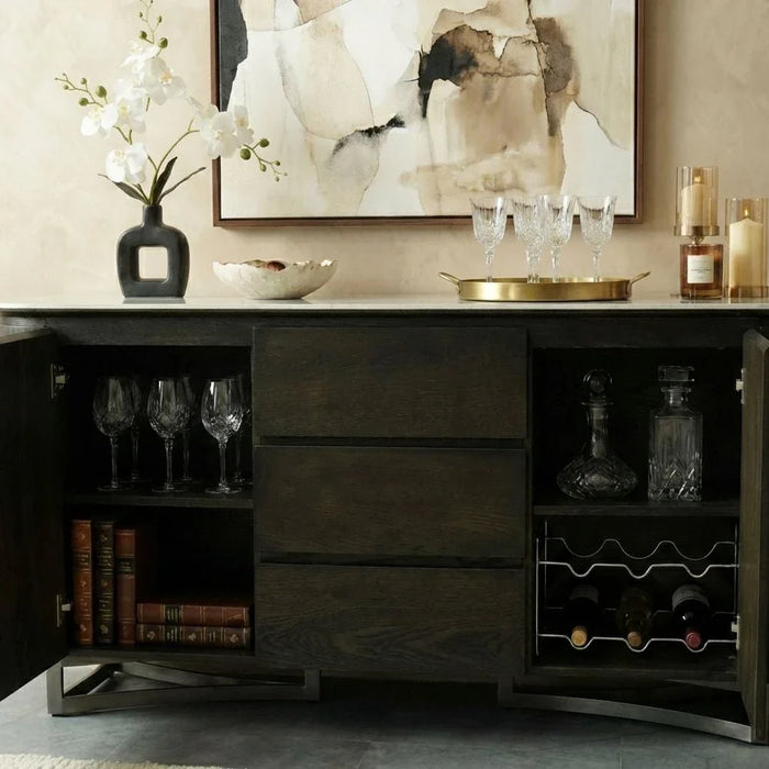 Stanford Sintered Stone Top Buffet Cabinet - 2 Doors & 3 Drawers - Grey/Dark Walnut - With 2-Year Warranty
