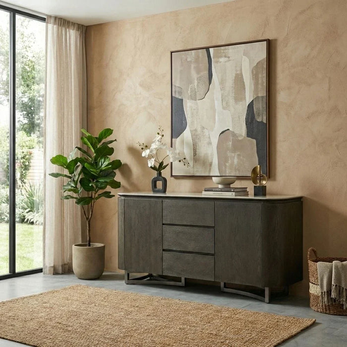 Stanford Sintered Stone Top Buffet Cabinet - 2 Doors & 3 Drawers - Grey/Dark Walnut - With 2-Year Warranty