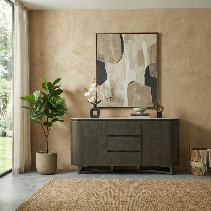 Stanford Sintered Stone Top Buffet Cabinet - 2 Doors & 3 Drawers - Grey/Dark Walnut - With 2-Year Warranty
