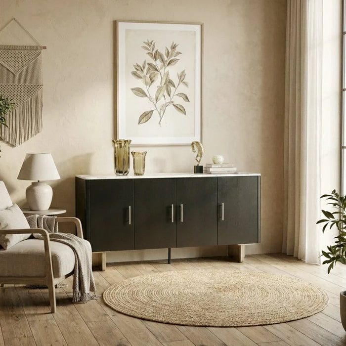 Linea Marble Top Buffet Cabinet with 4 Drawers - Grey/Black - With 2-Year Warranty