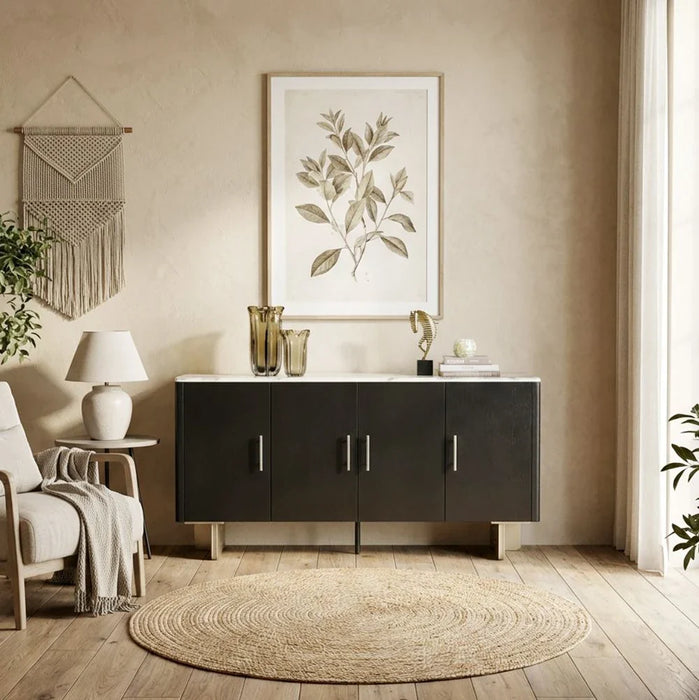 Linea Marble Top Buffet Cabinet with 4 Drawers - Grey/Black - With 2-Year Warranty