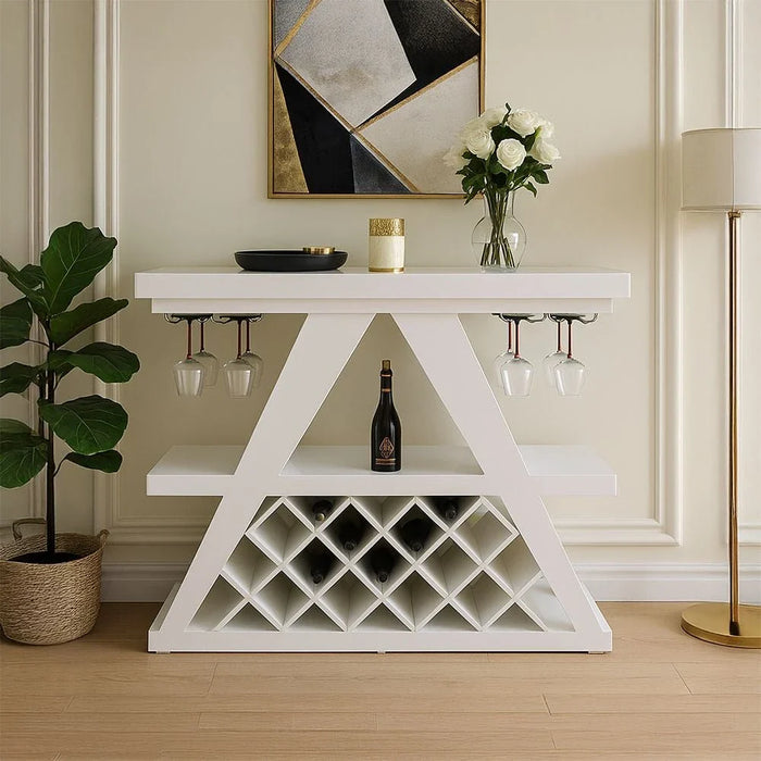 Cesna Glass Top Bar Counter with Wine Rack and Bottle Holder - High Gloss White - With 2-Year Warranty