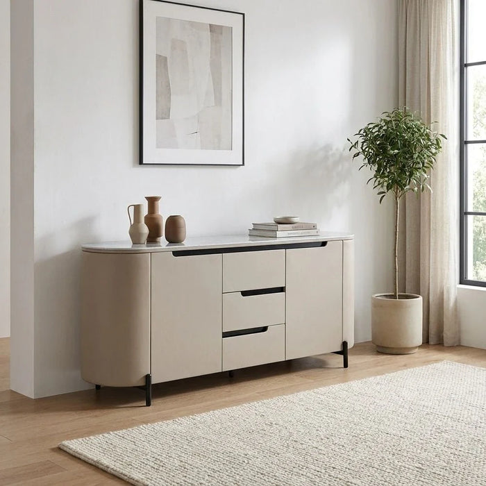 Meshville Glass Top Buffet Cabinet With 2 Doors & 3 Drawers-Grey/Black
