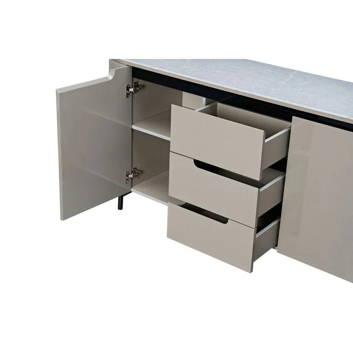 Meshville Glass Top Buffet Cabinet With 2 Doors & 3 Drawers-Grey/Black