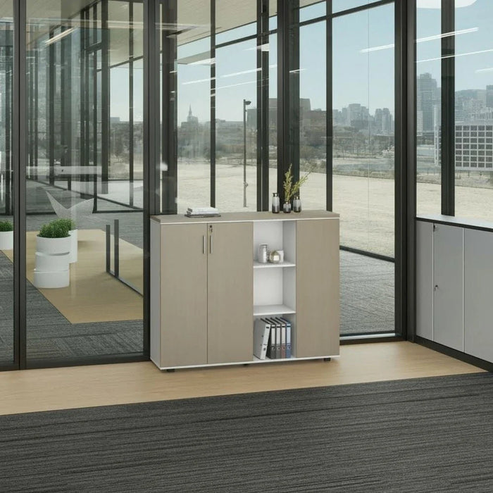 Herstal Office Credenza with 3 Doors and Open Shelves - Oak/White - With 5-Year Warranty