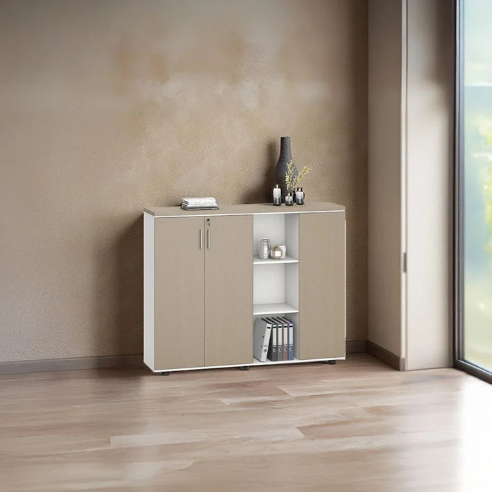 Herstal Office Credenza with 3 Doors and Open Shelves - Oak/White - With 5-Year Warranty