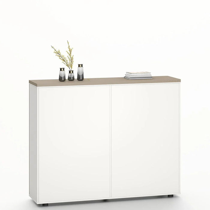 Herstal Office Credenza with 3 Doors and Open Shelves - Oak/White - With 5-Year Warranty