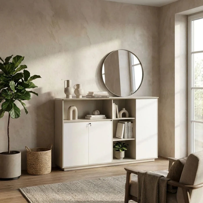 Eupen Credenza with Lockable Doors and Open Shelves - White/Beige - With 2-Year Warranty