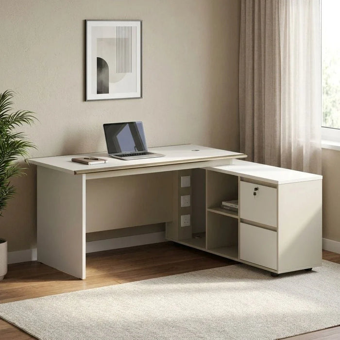Eupen Executive L-Shaped Office Desk with Lockable Top Drawer and Open Shelves - White/Beige - With 2-Year Warranty