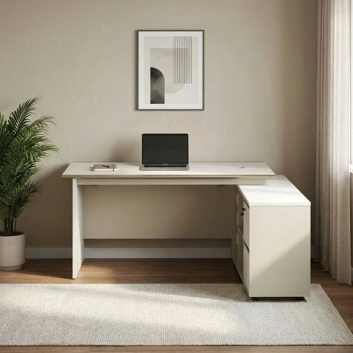 Eupen Executive L-Shaped Office Desk with Lockable Top Drawer and Open Shelves - White/Beige - With 2-Year Warranty