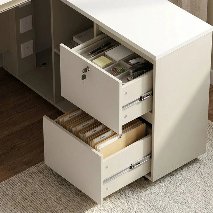 Eupen Executive L-Shaped Office Desk with Lockable Top Drawer and Open Shelves - White/Beige - With 2-Year Warranty