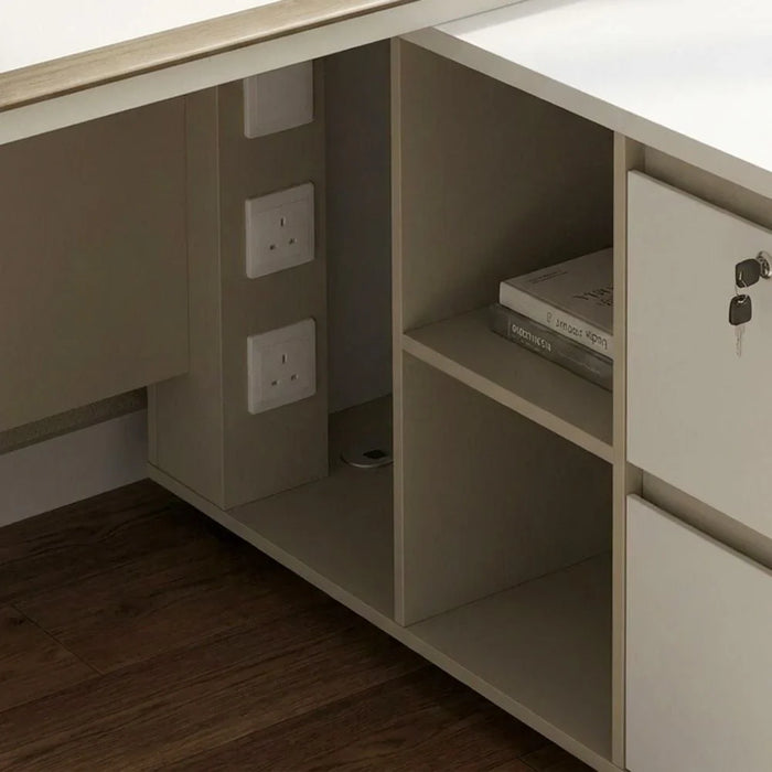 Eupen Executive L-Shaped Office Desk with Lockable Top Drawer and Open Shelves - White/Beige - With 2-Year Warranty