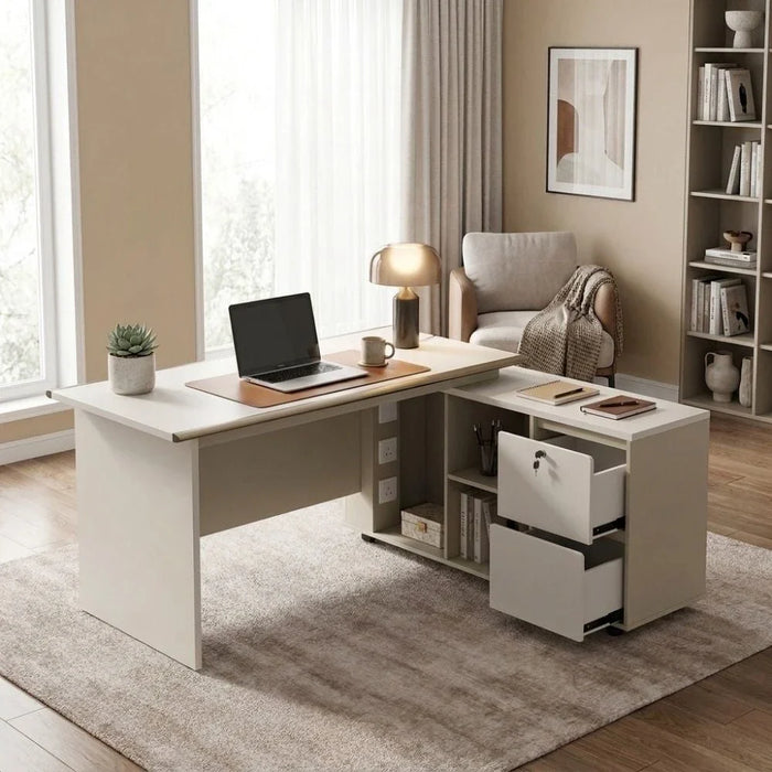 Eupen Executive L-Shaped Office Desk with Lockable Top Drawer and Open Shelves - White/Beige - With 2-Year Warranty