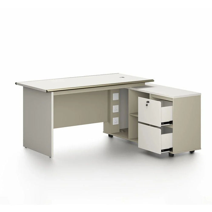Eupen Executive L-Shaped Office Desk with Lockable Top Drawer and Open Shelves - White/Beige - With 2-Year Warranty