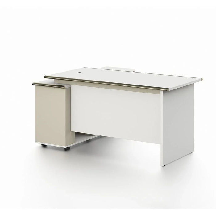Eupen Executive L-Shaped Office Desk with Lockable Top Drawer and Open Shelves - White/Beige - With 2-Year Warranty
