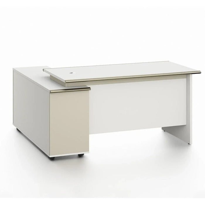 Eupen Executive L-Shaped Office Desk with Lockable Top Drawer and Open Shelves - White/Beige - With 2-Year Warranty